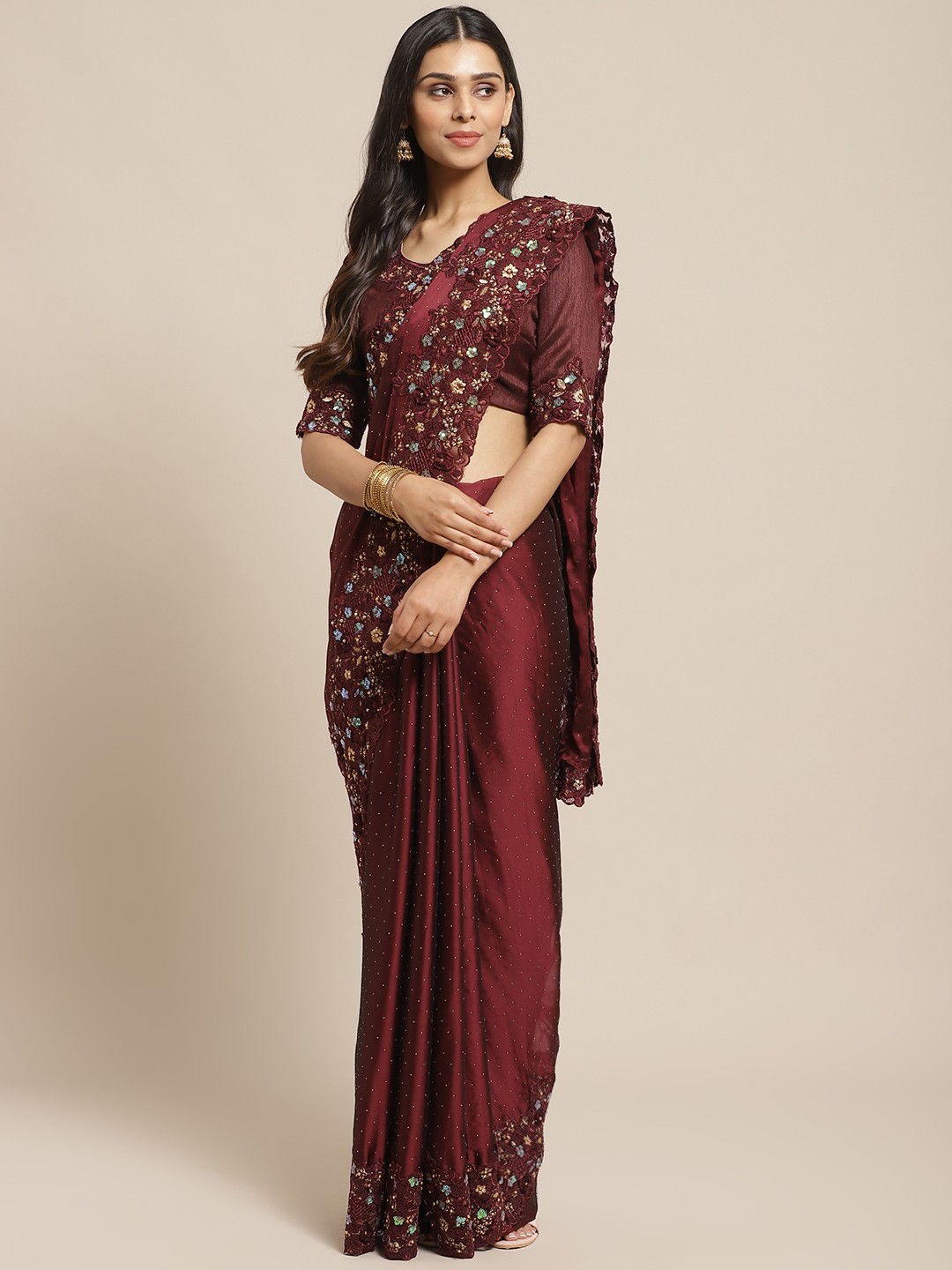 

Readiprint Fashions Maroon & Golden Embellished Tussar Saree