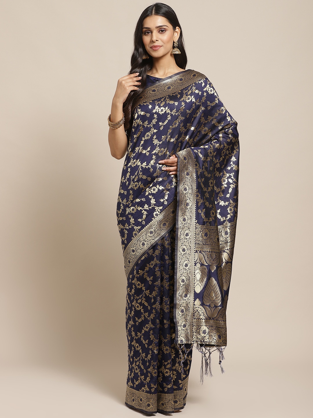 

Readiprint Fashions Navy Blue & Golden Woven Design Banarasi Saree
