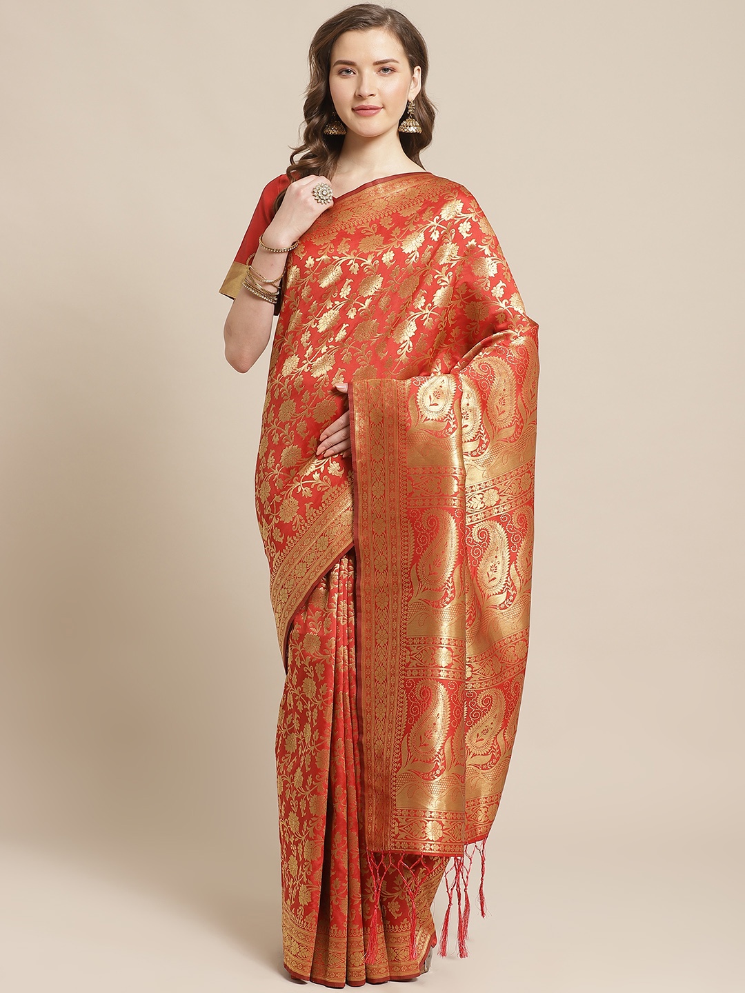 

Readiprint Fashions Rust Red & Golden Jacquard Woven Design Paithani Saree