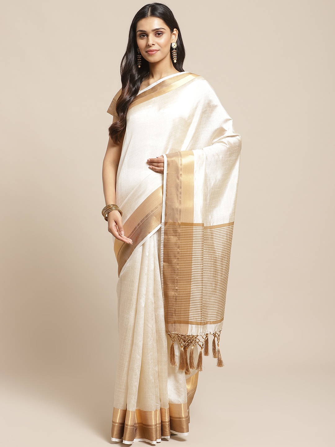 

Readiprint Fashions Off-White & Beige Solid Tussar Saree