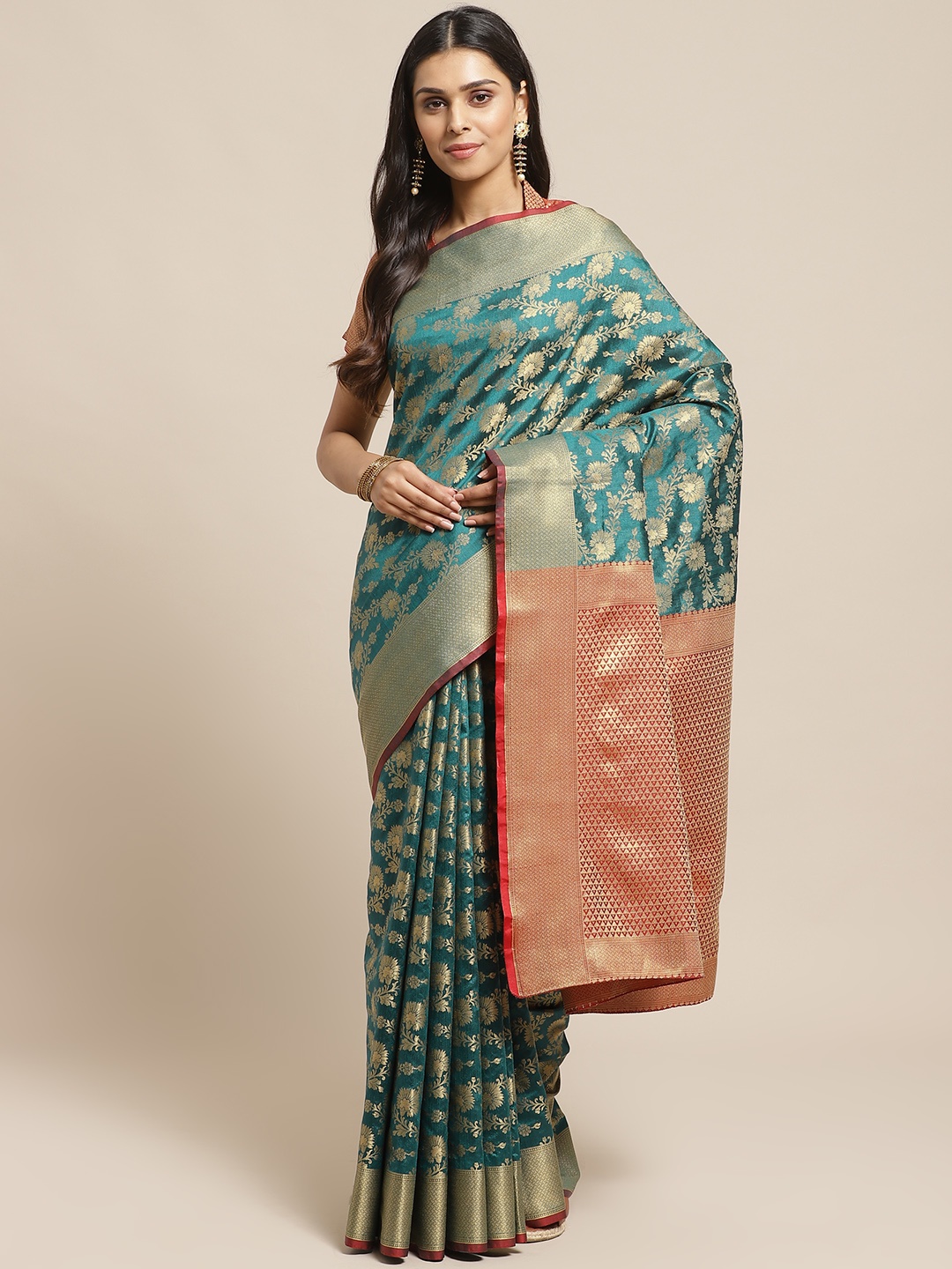 

Readiprint Fashions Teal Green & Golden Woven Design Banarasi Saree