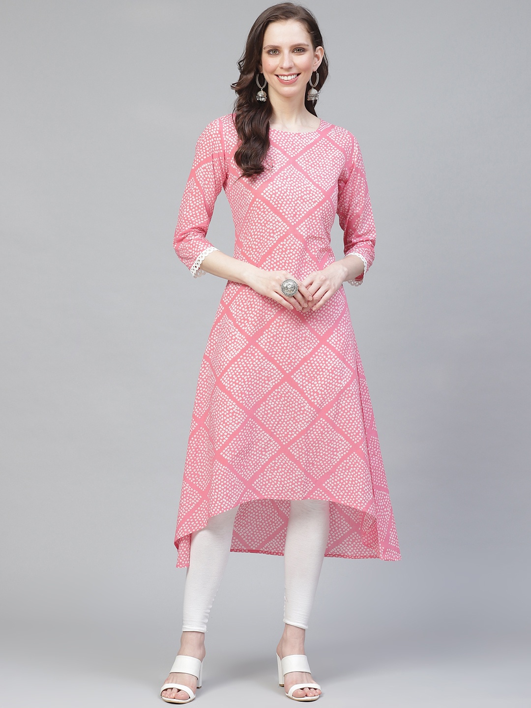 

AHIKA Women Pink & White Bandhani Print A-Line High-Low Kurta