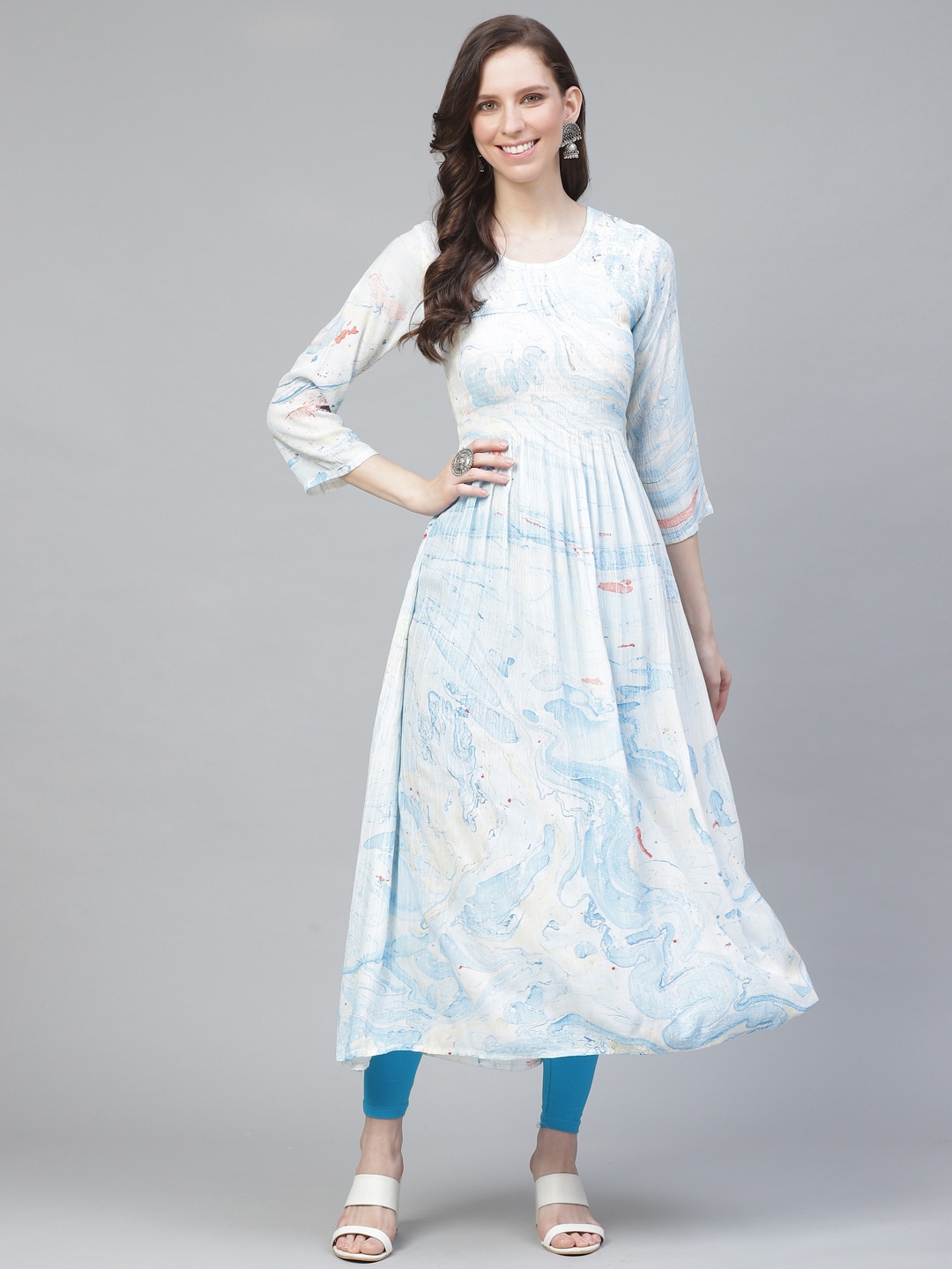 

AHIKA Women Off-White & Blue Printed Crinkled A-Line Kurta