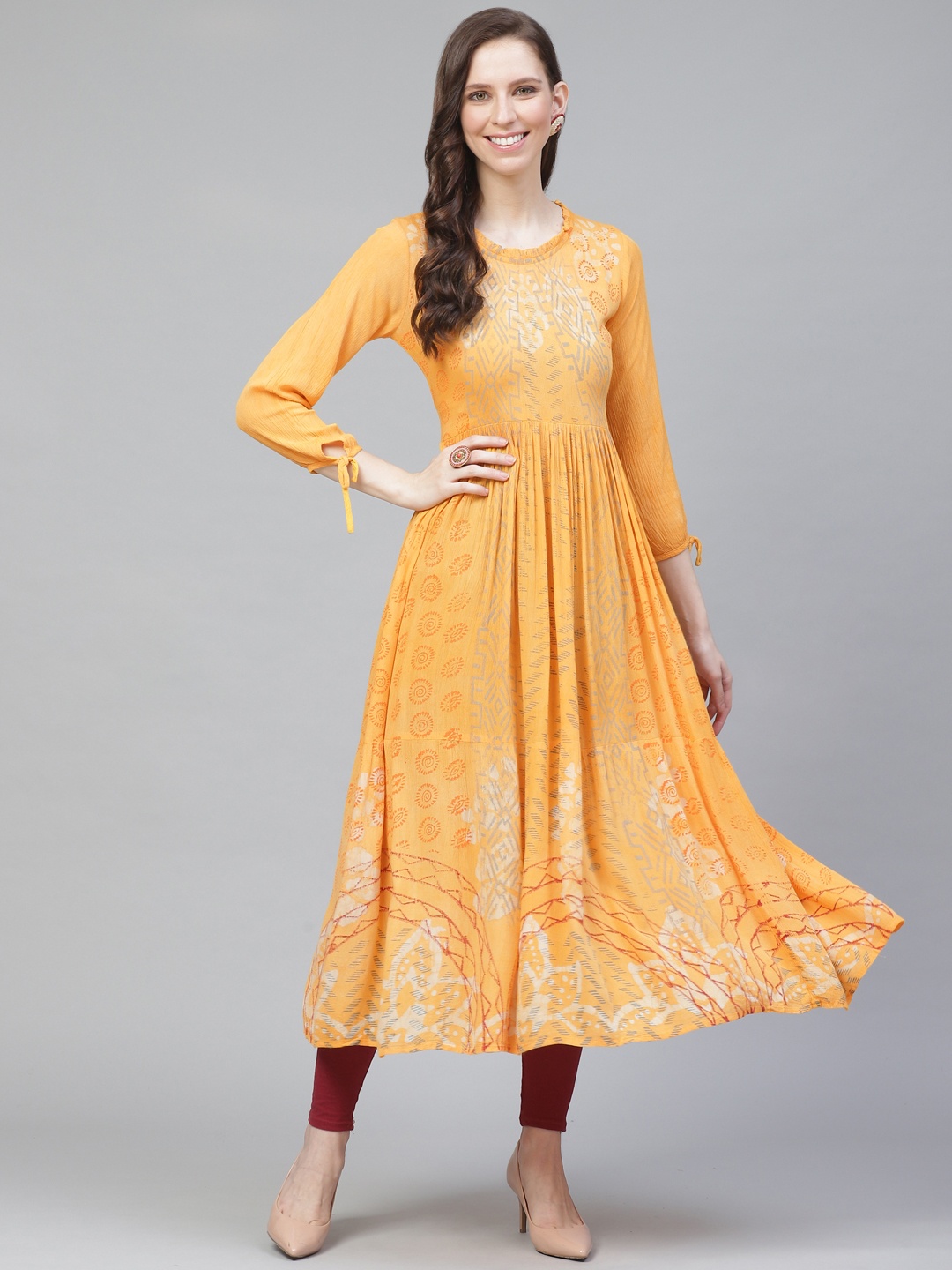 

AHIKA Women Yellow & Grey Printed A-Line Kurta