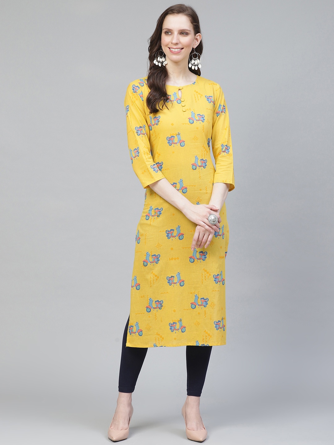 

AHIKA Women Yellow & Blue Quirky Print Straight Kurta