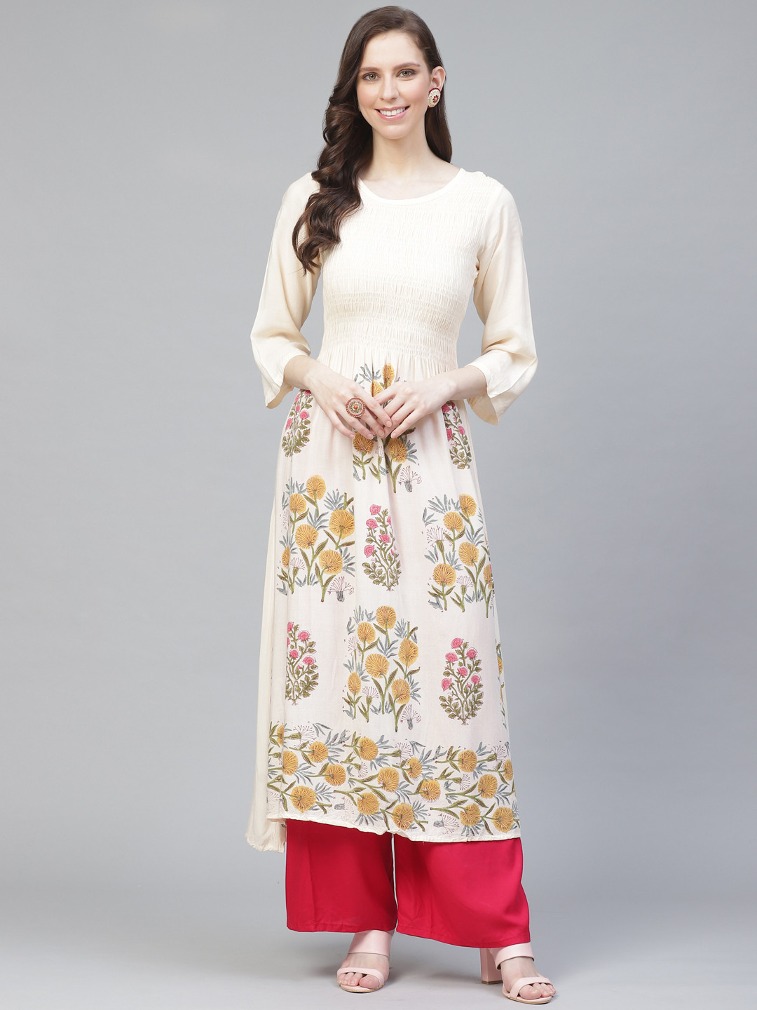

AHIKA Women Cream-Coloured & Mustard Yellow Floral Print Smocked A-Line Kurta