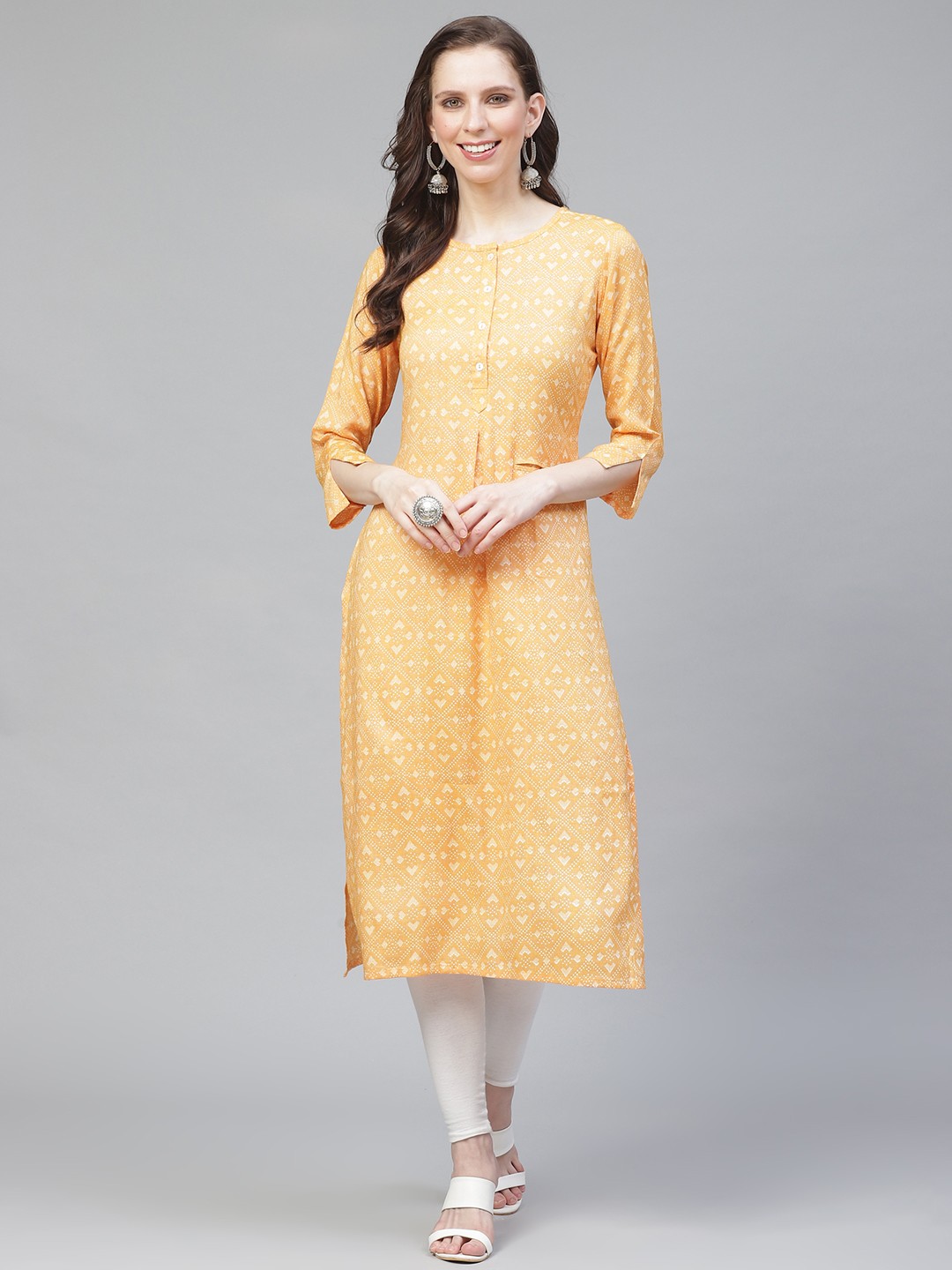 

AHIKA Women Yellow & Beige Woven Design Straight Kurta