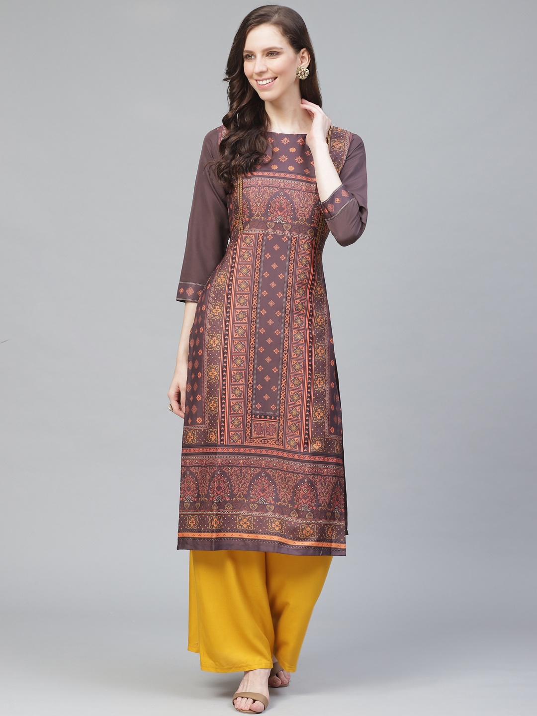 

AHIKA Women Taupe & Orange Printed Straight Kurta