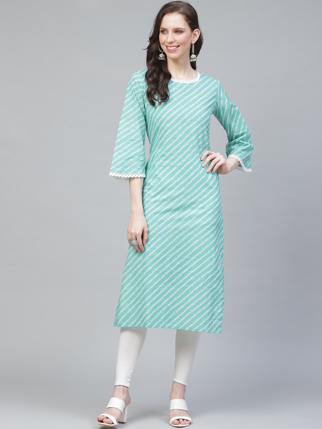 

AHIKA Women Sea Green & White Printed Straight Kurta