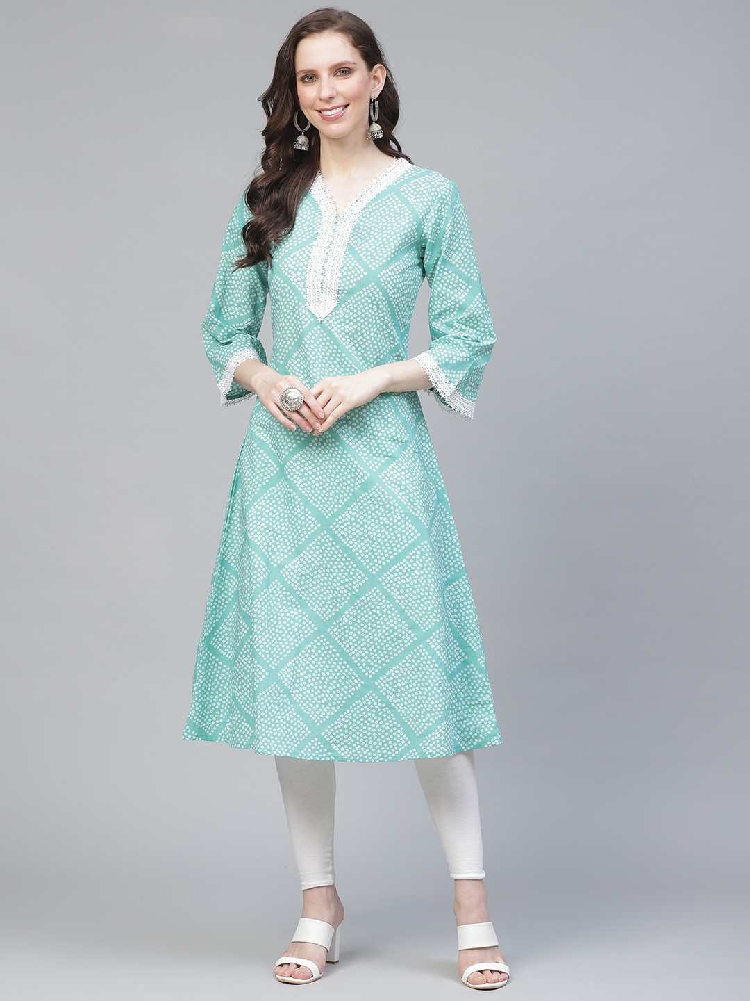 

AHIKA Women Sea Green & White Printed A-Line Kurta