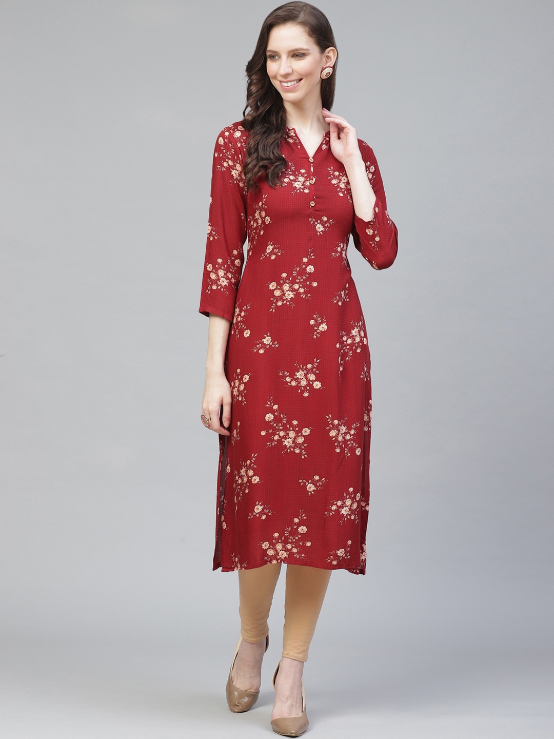

AHIKA Women Maroon & Peach-Coloured Floral Printed Straight Kurta