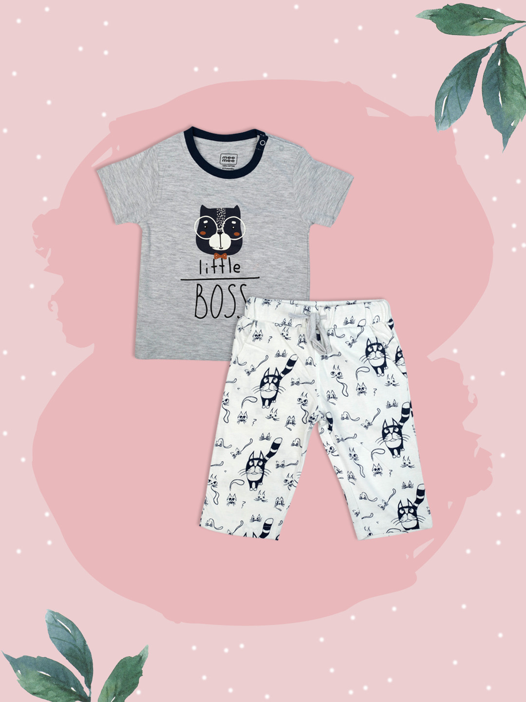 

MeeMee Boys Grey & Black Printed Night Suit