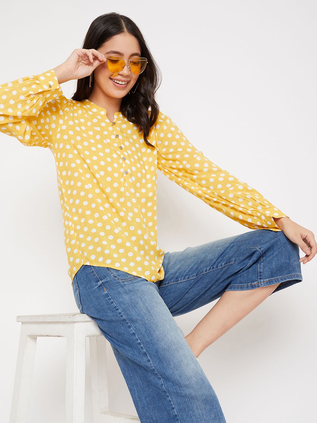 

Crimsoune Club Women Yellow & White Printed Shirt Style Top