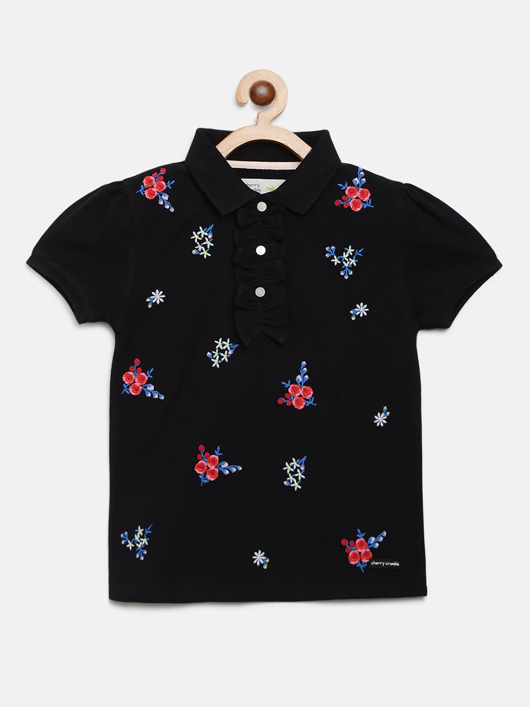 

Cherry Crumble Girls Black Printed Polo Collar T-shirt