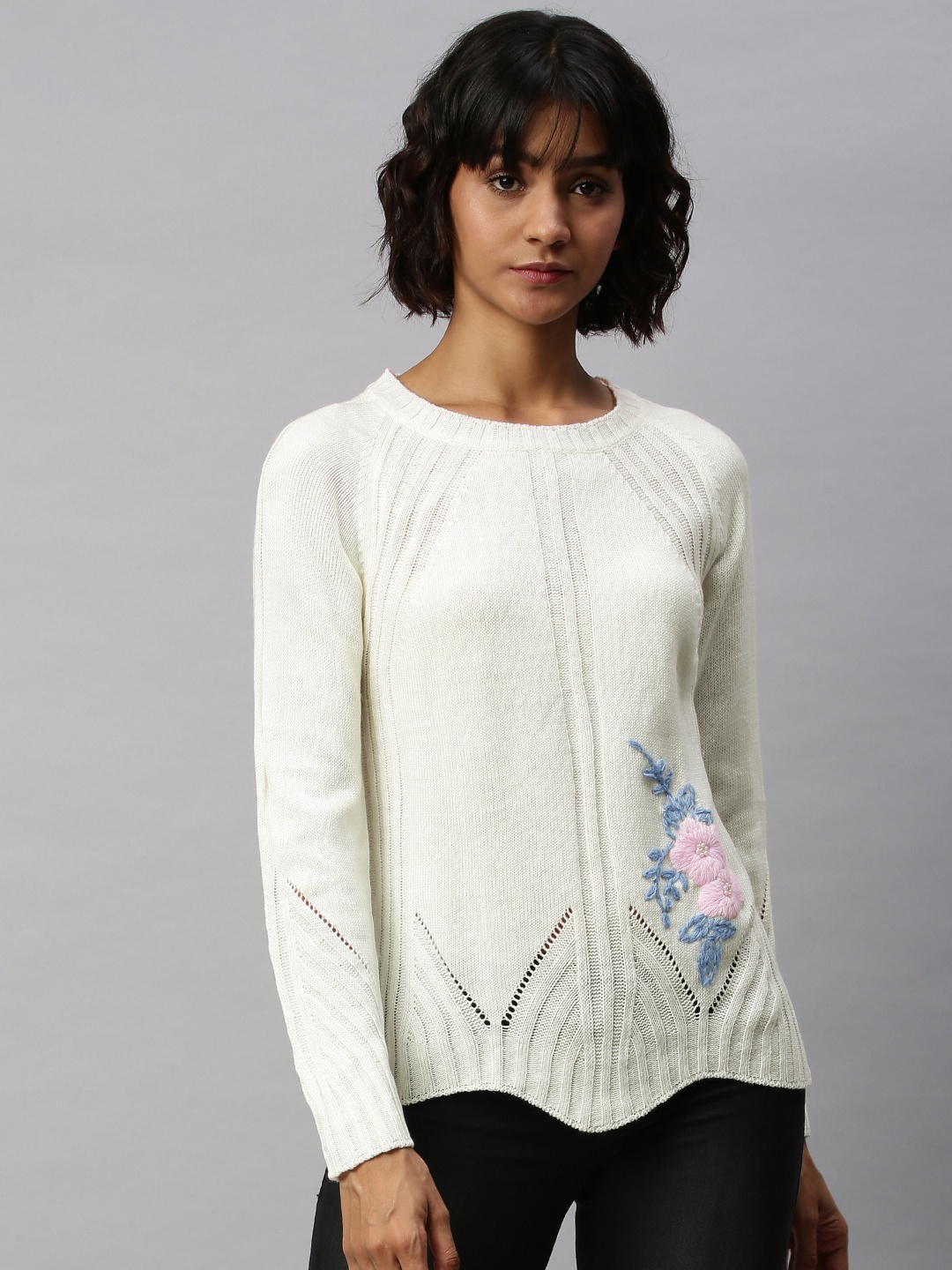 

AND Women Off-White Self Design Pullover Sweater with Embroidery