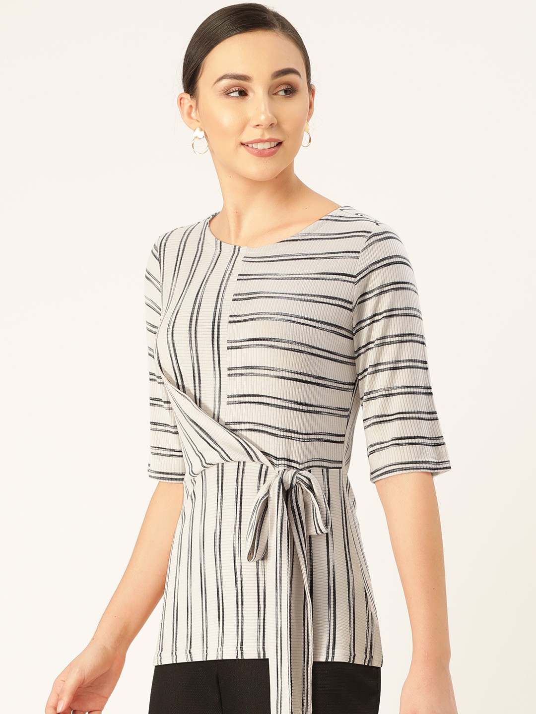 

AND Women Off-White & Grey Striped Top with Waist Tie-Ups