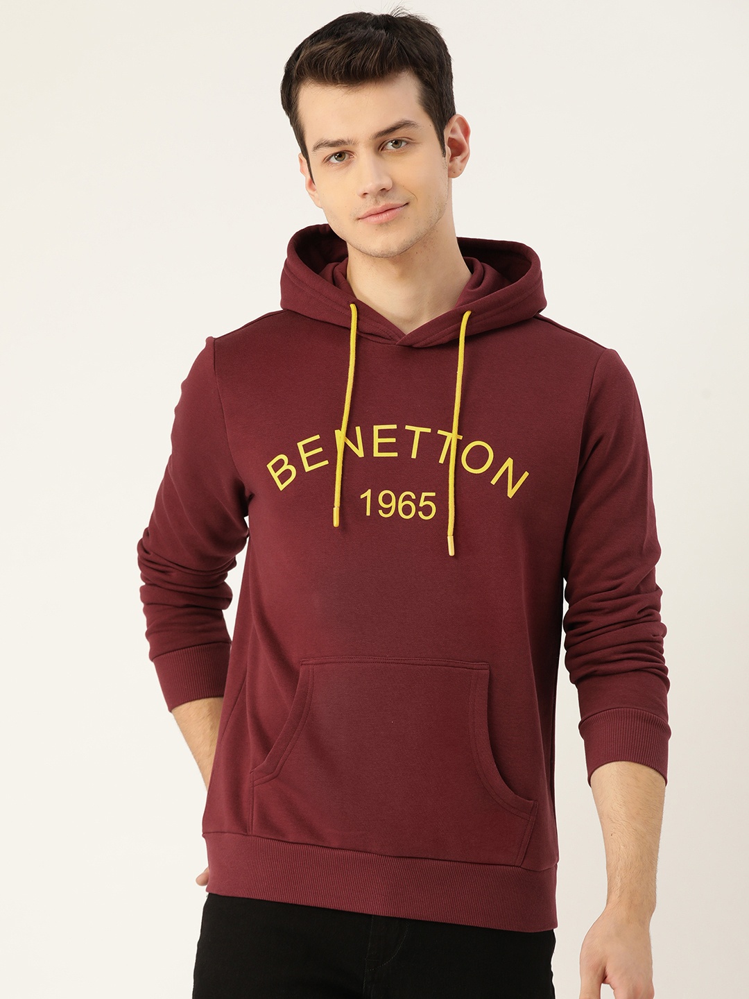 

United Colors of Benetton Men Burgundy Brand Logo Print Hooded Sweatshirt