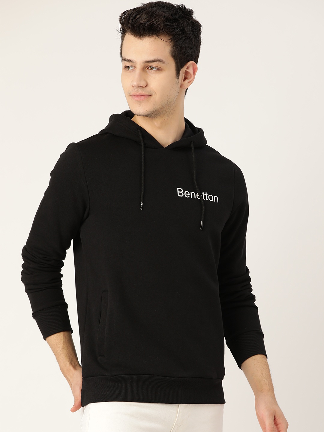 

United Colors of Benetton Men Black Solid Hooded Sweatshirt