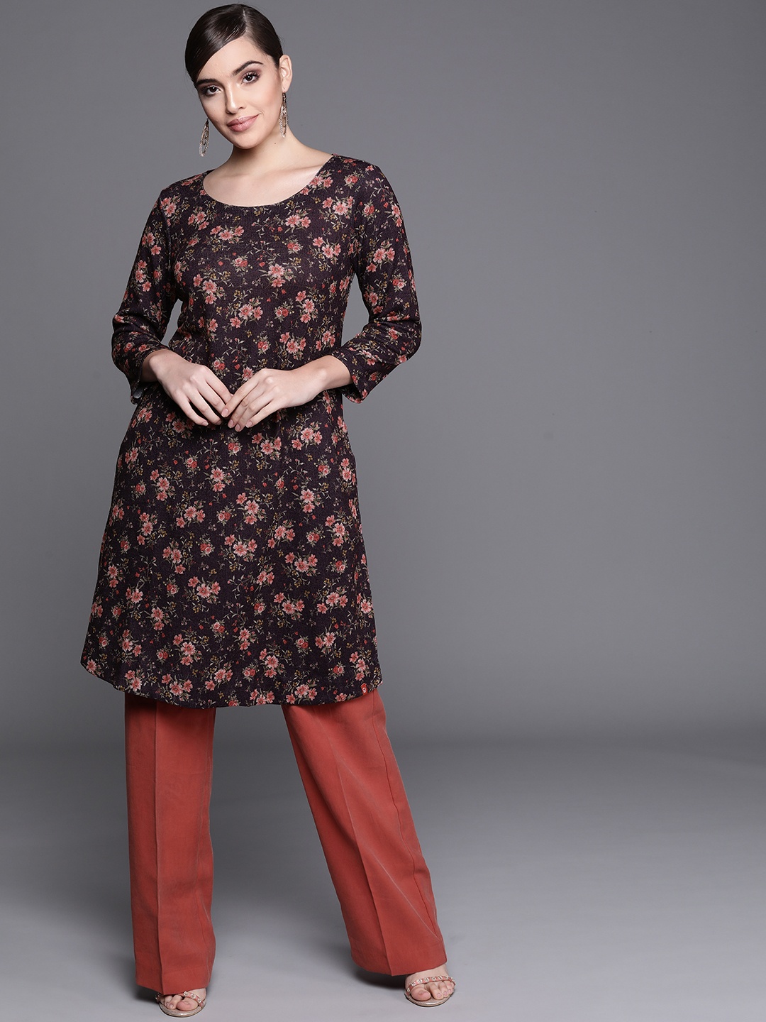 

Biba Women Coffee Brown & Pink Floral Printed Winter Kurta