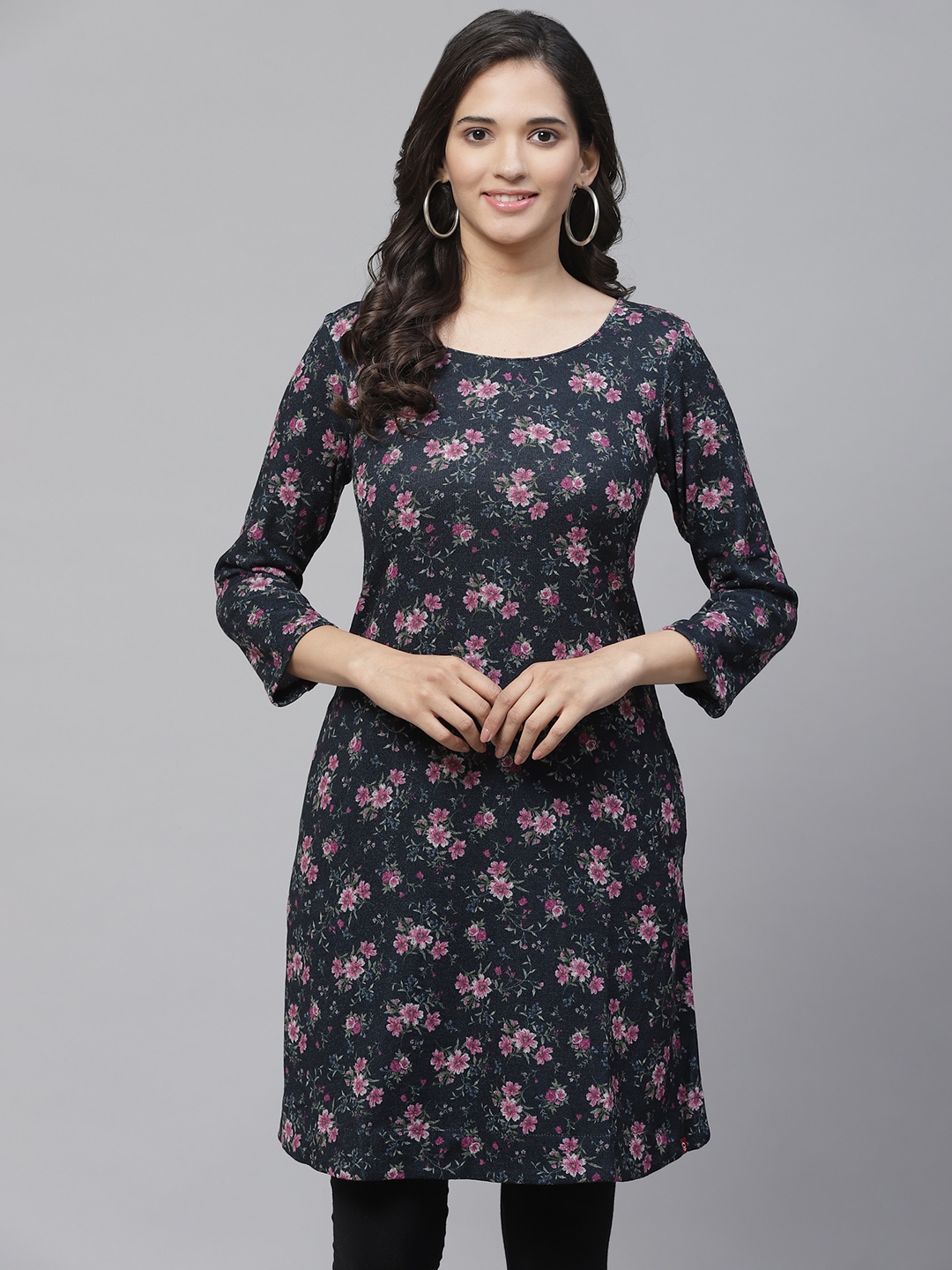 

Biba Women Navy Blue & Pink Floral Printed Knitted Winter A-Line Kurta