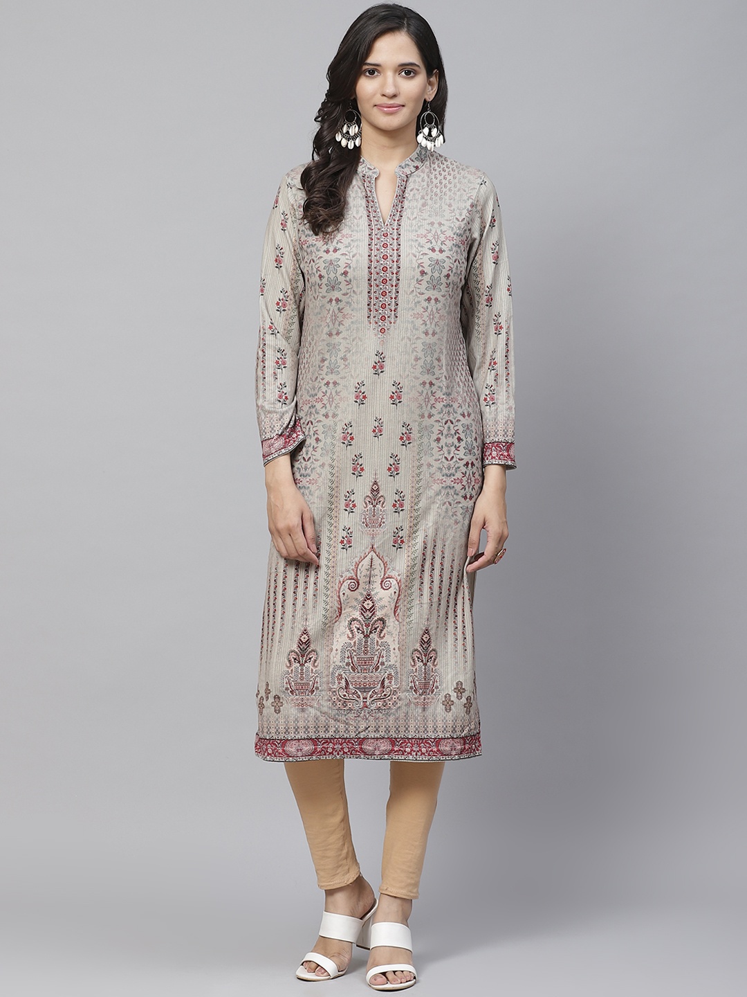 

Biba Women Grey & Red Printed Straight Winter Kurta