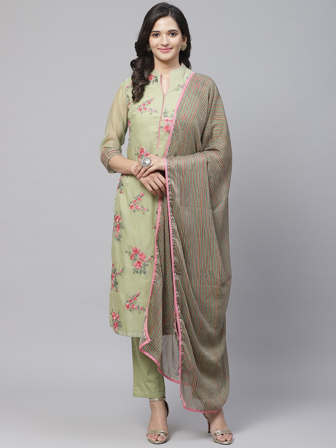 

Biba Women Green & Pink Floral Embroidered Kurta with Trousers & Dupatta