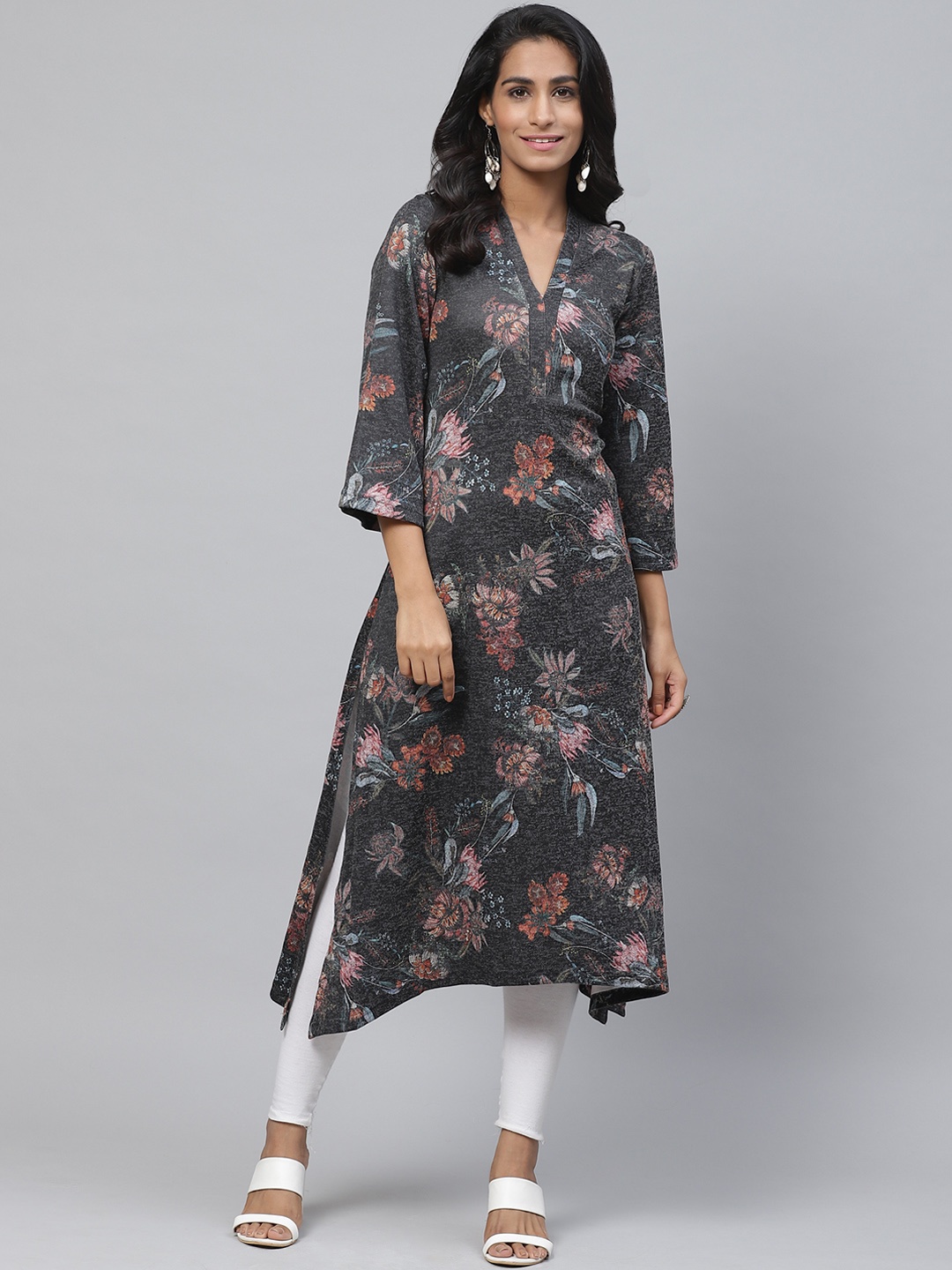 

Biba Women Charcoal Grey & Rust Orange Floral Printed A-Line Kurta