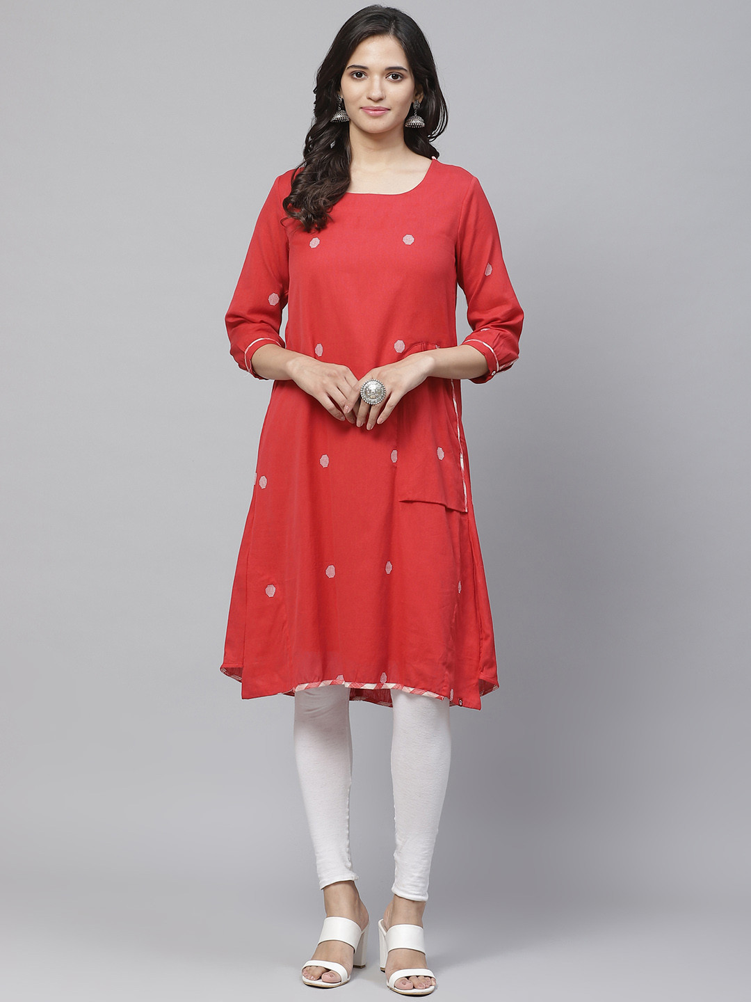 

Biba Women Red & White Woven Design Asymmetric A-Line Kurta