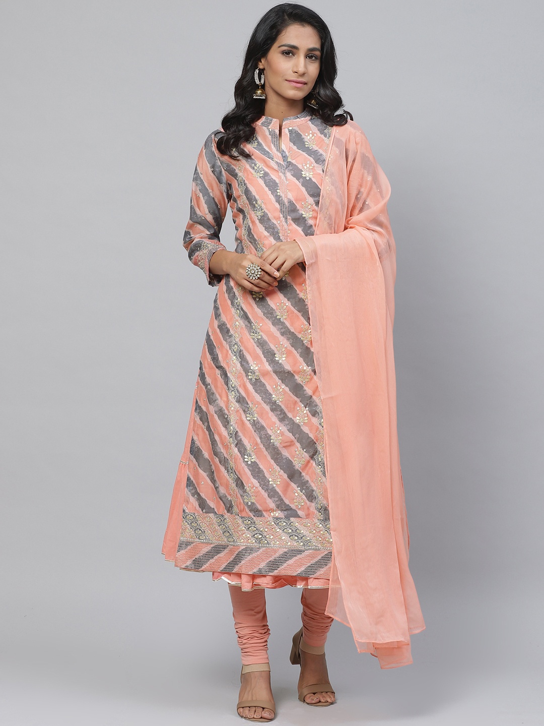

Biba Women Pink & Grey Printed Kurta with Churidar & Dupatta