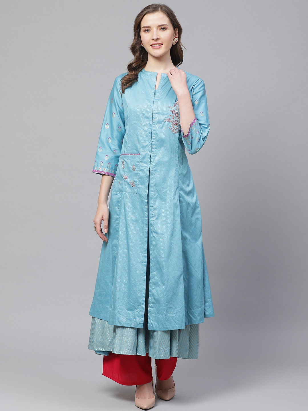 

Biba Women Blue & Golden Layered Printed A-Line Kurta