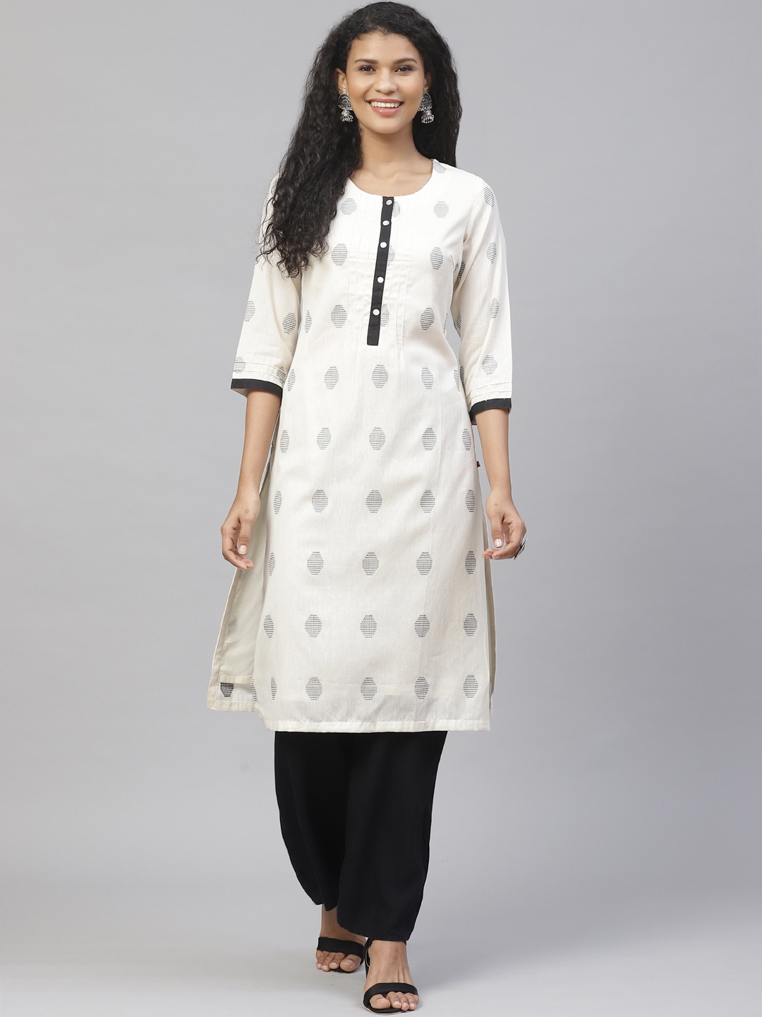

Biba Women Off-White & Black Woven Design Straight Kurta