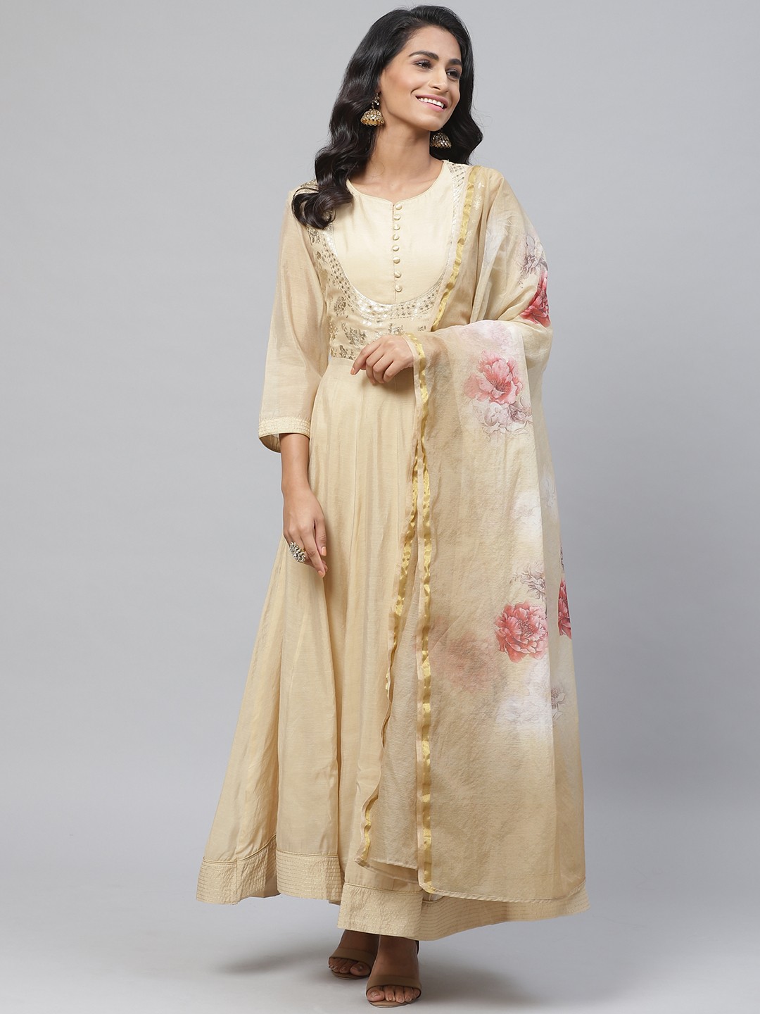 

Biba Women Beige Solid Kurta with Churidar & Dupatta