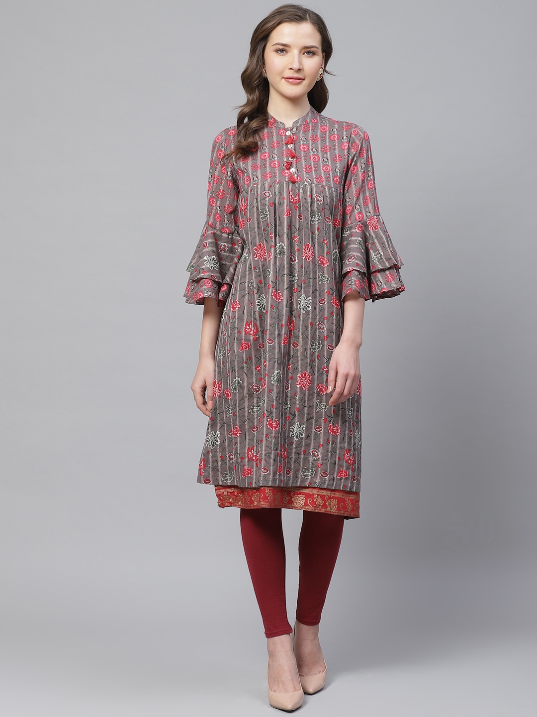 

Biba Women Grey & Pink Layered Printed A-Line Kurta