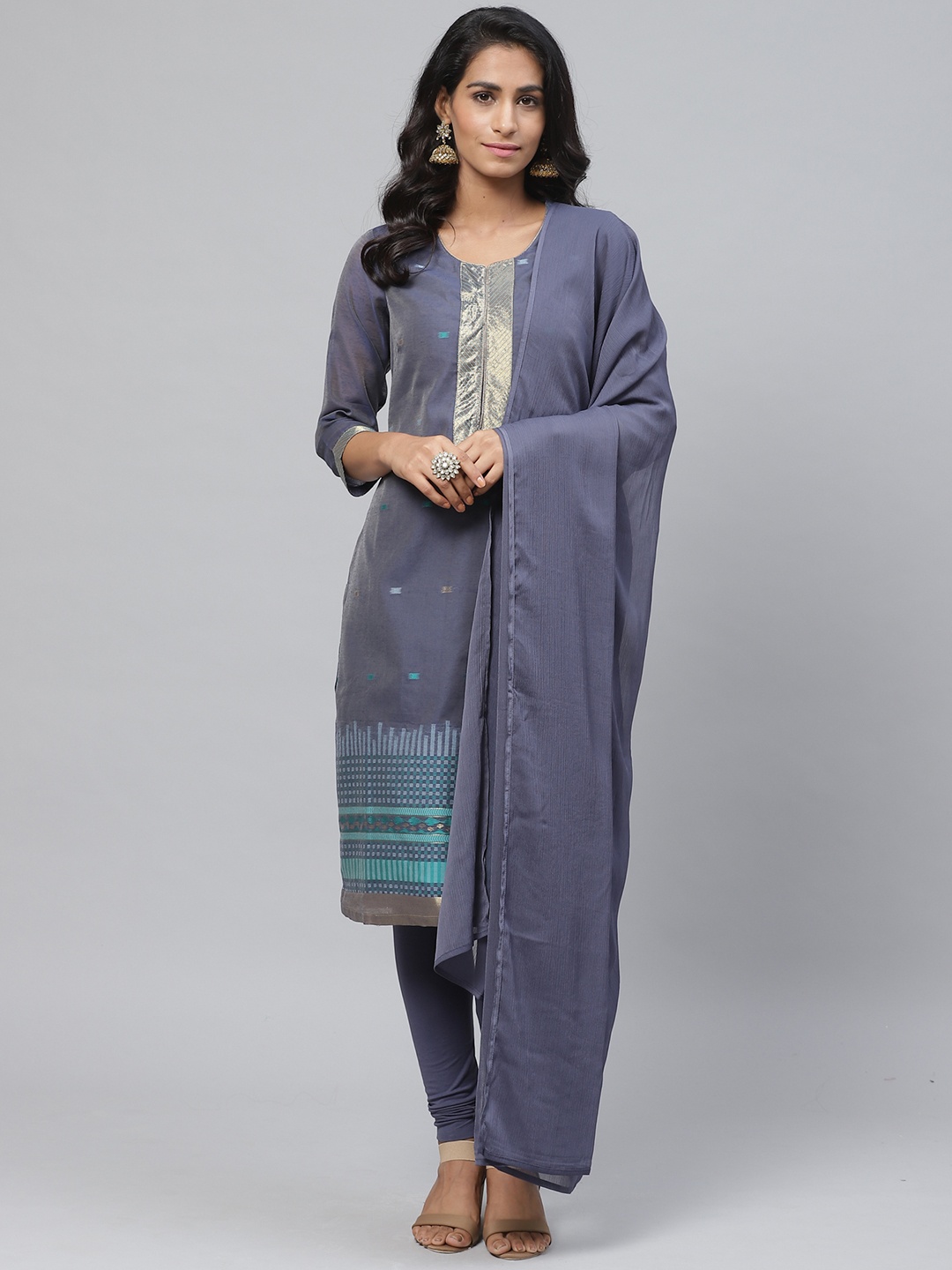 

Biba Women Navy Blue & Sea Green Woven Design Kurta with Churidar & Dupatta