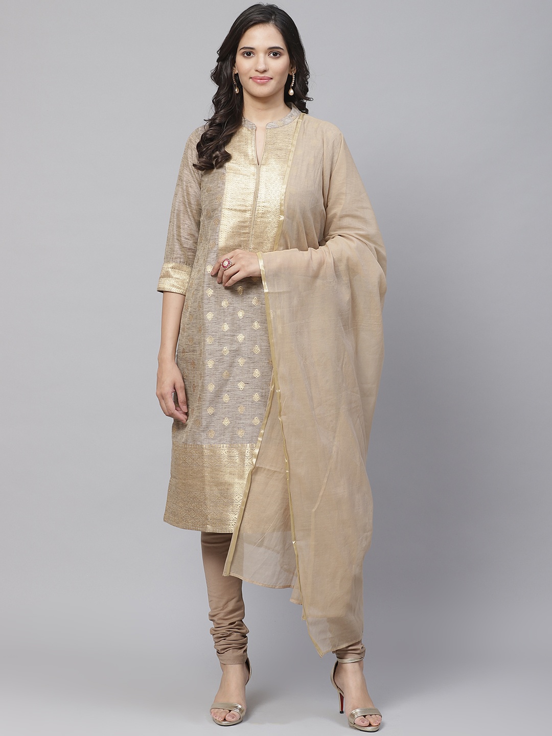 

Biba Women Taupe & Golden Woven Design Kurta with Churidar & Dupatta