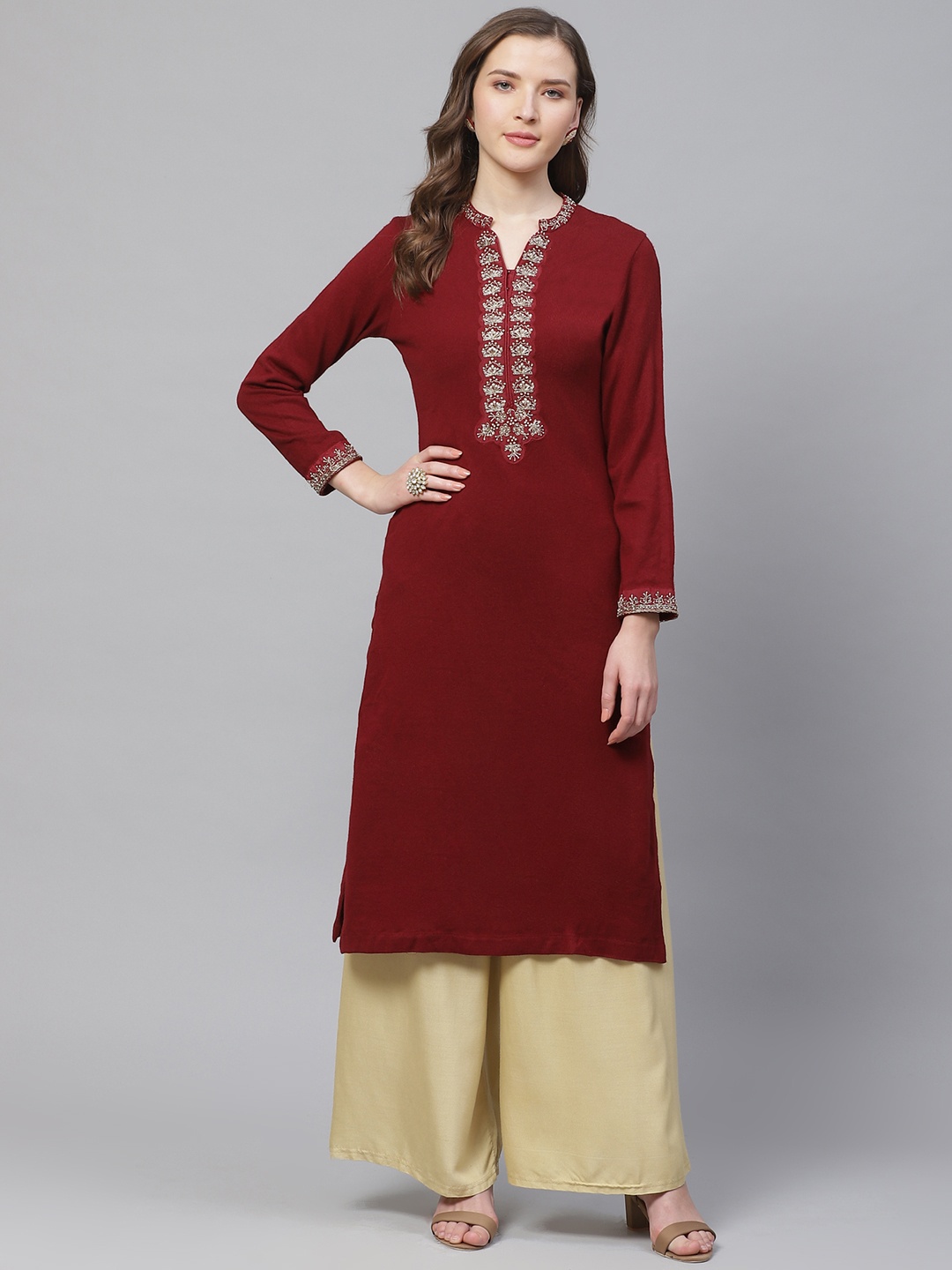 

Biba Women Maroon Solid Yoke Design Winter Kurta