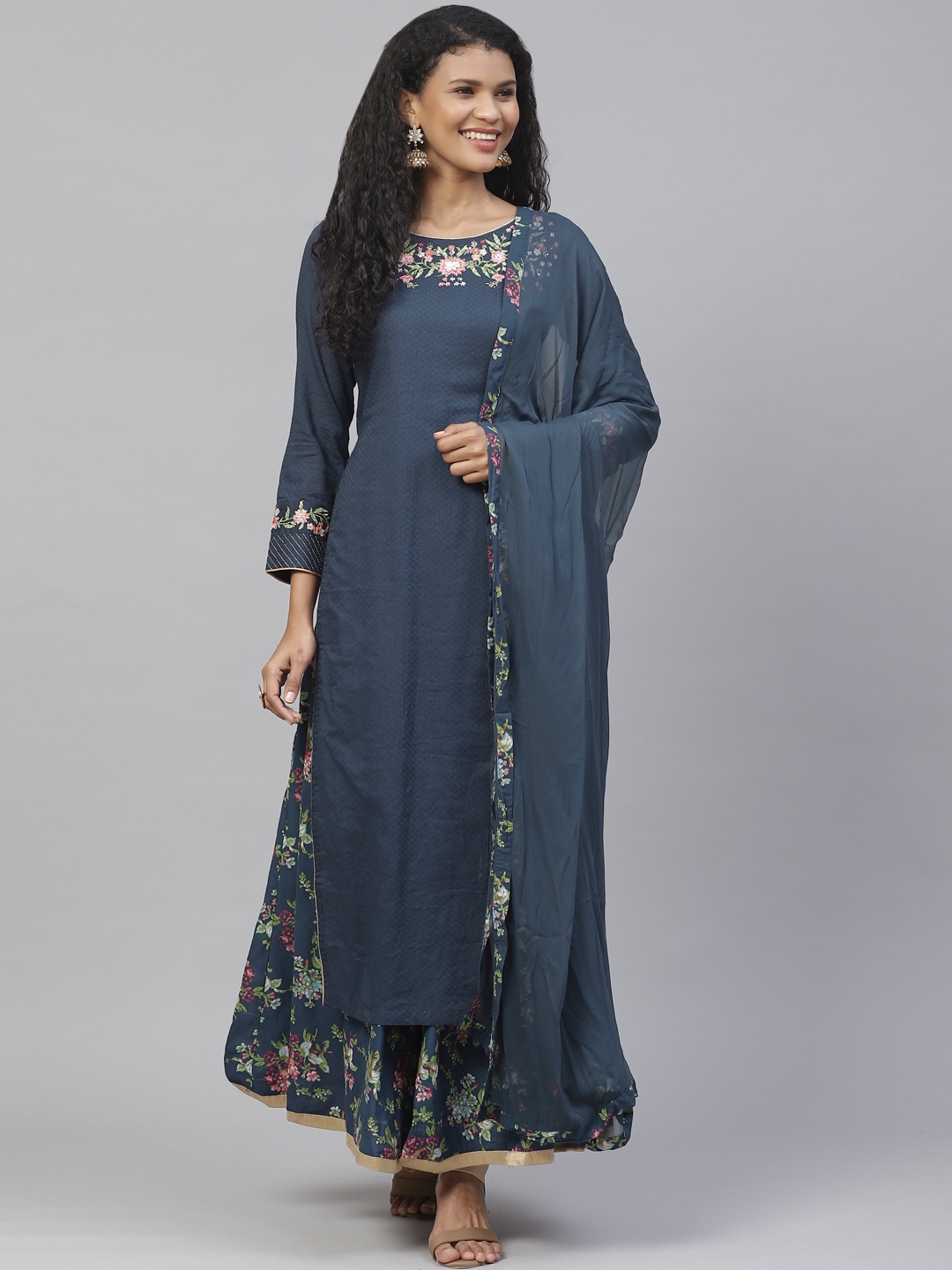 

Biba Women Blue & Green Embroidered Kurta with Skirt & Dupatta