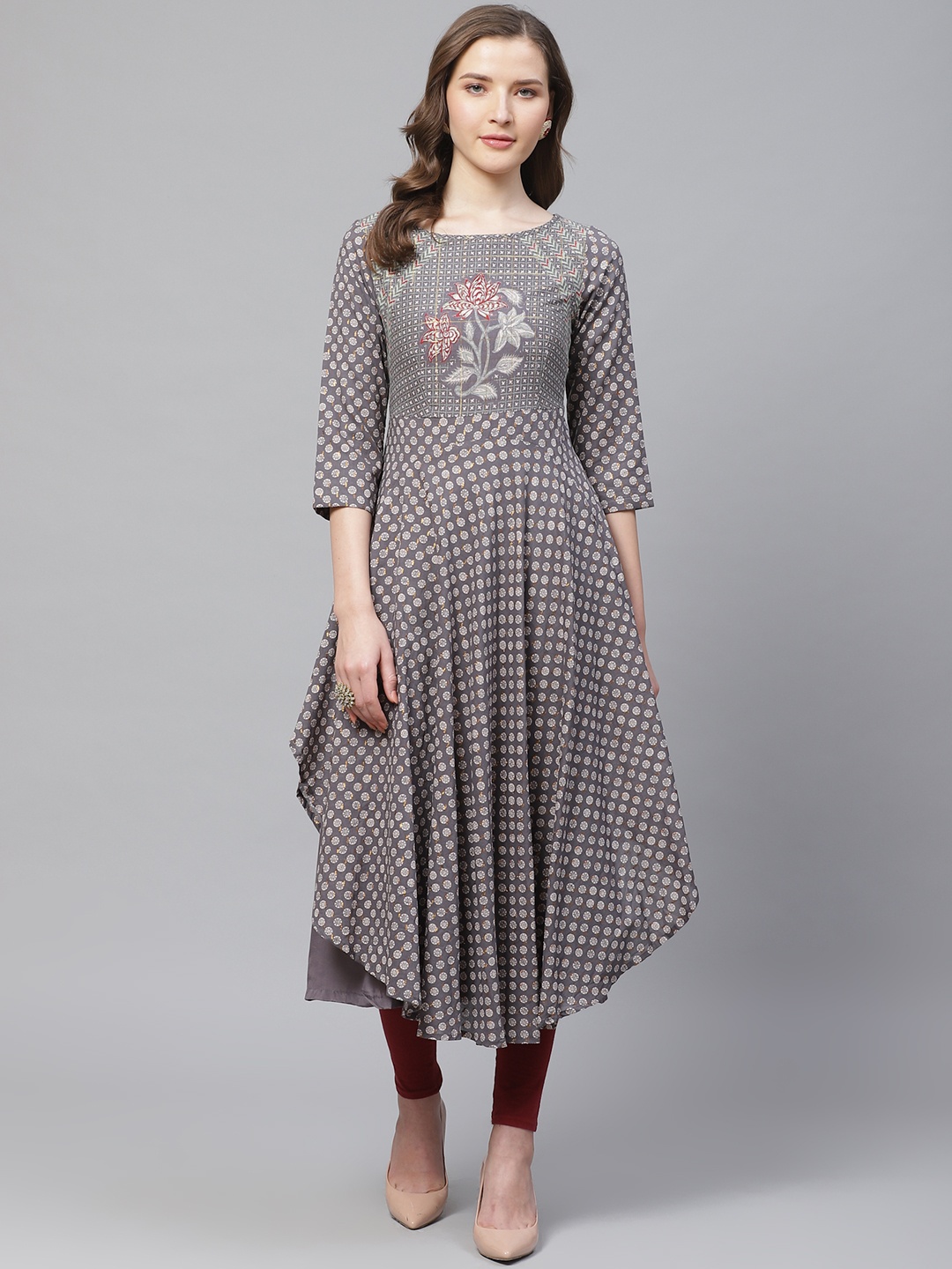 

Biba Women Grey & Off-White Layered Printed A-Line Kurta