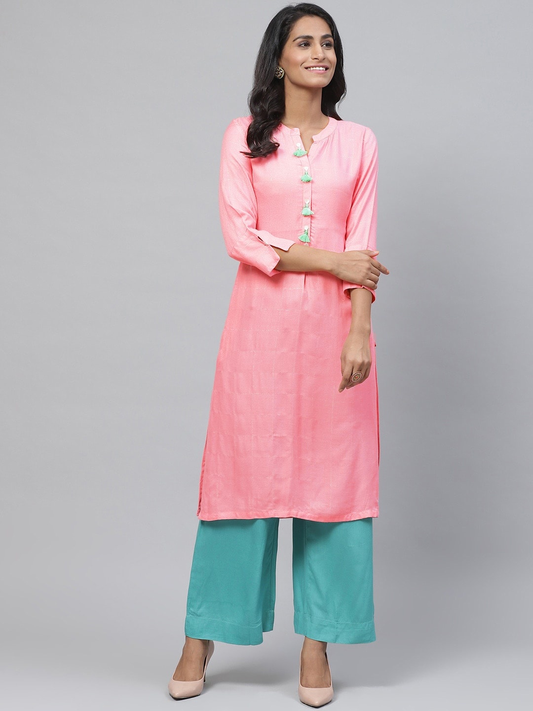 

Biba Women Pink & Silver Checked Straight Kurta