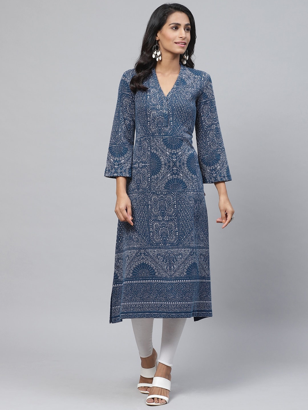 

Biba Women Navy Blue & White Woven Design Winter A-Line Kurta