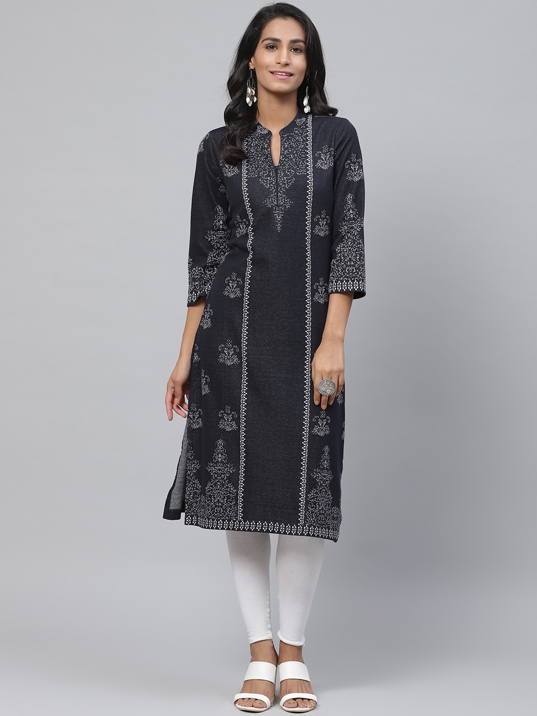 

Biba Women Navy Blue & Off-White Printed Straight Winter Kurta