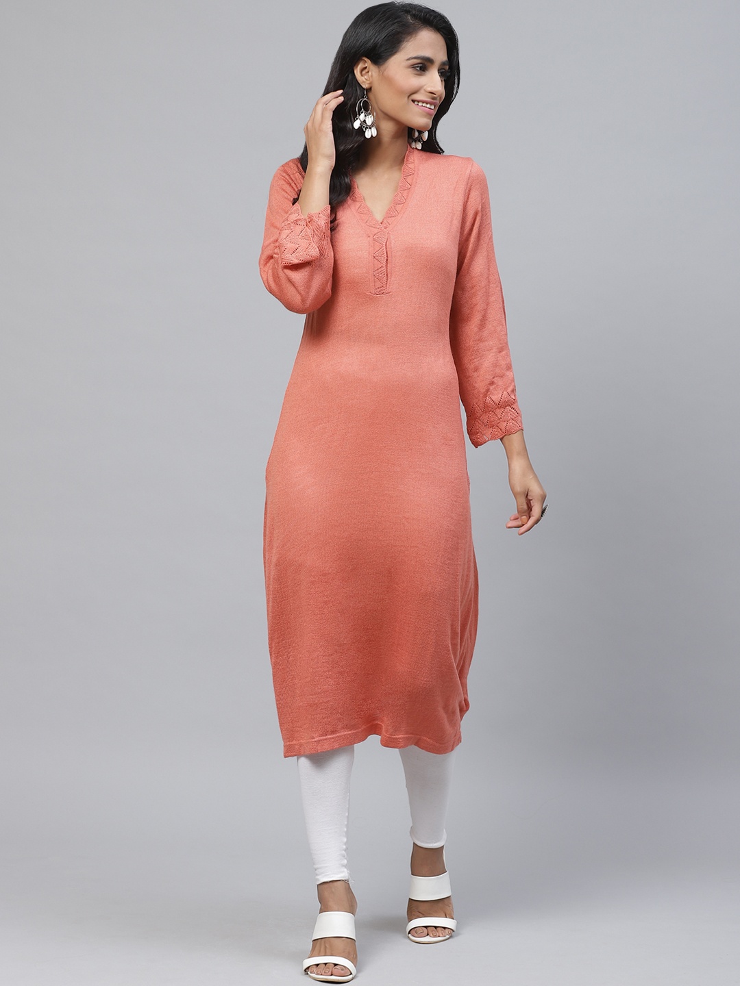 

Biba Women Peach-Coloured Solid Straight Winter Kurta