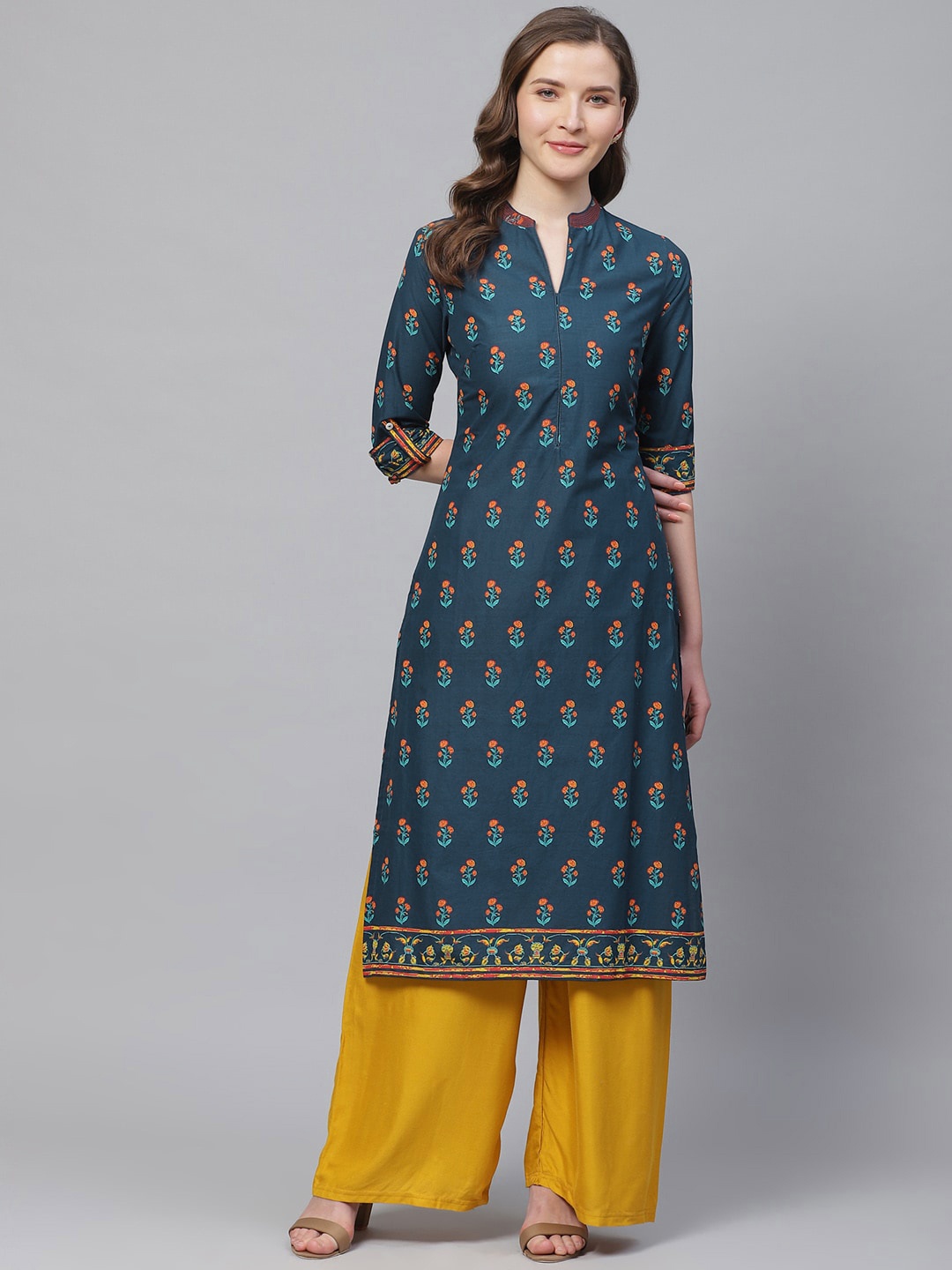 

Biba Women Navy Blue & Orange Printed Straight Kurta