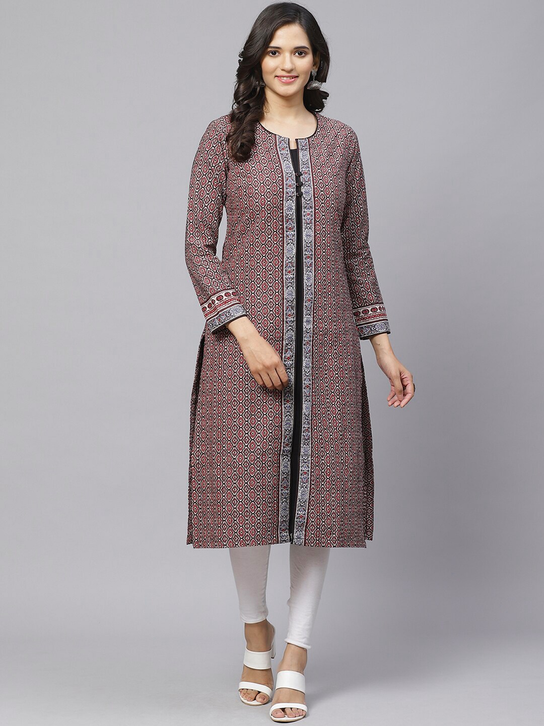 

Biba Women Maroon & Black Printed A-Line Kurta With Ethnic Jacket