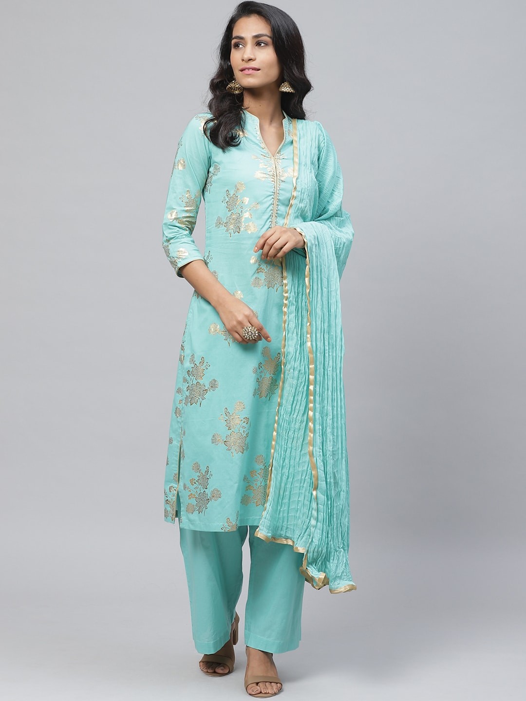 

Biba Women Sea Green & Golden Floral Printed Kurta with Palazzos & Dupatta