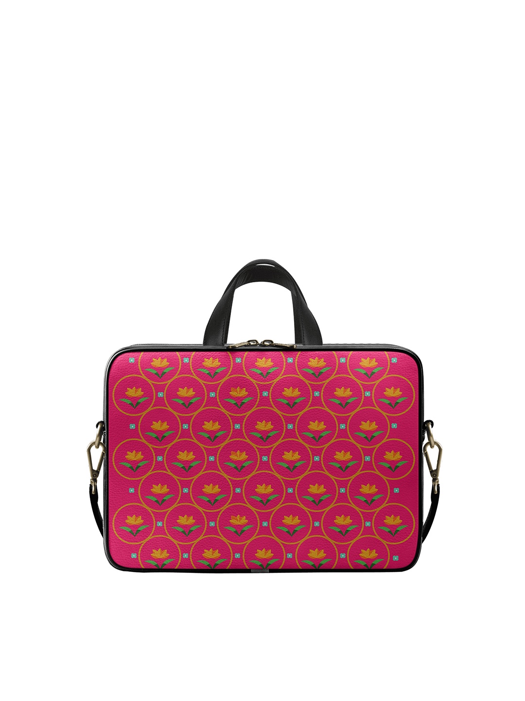 

DailyObjects Unisex Pink & Yellow Floral Printed 14 Inch Vegan Leather Laptop Bag
