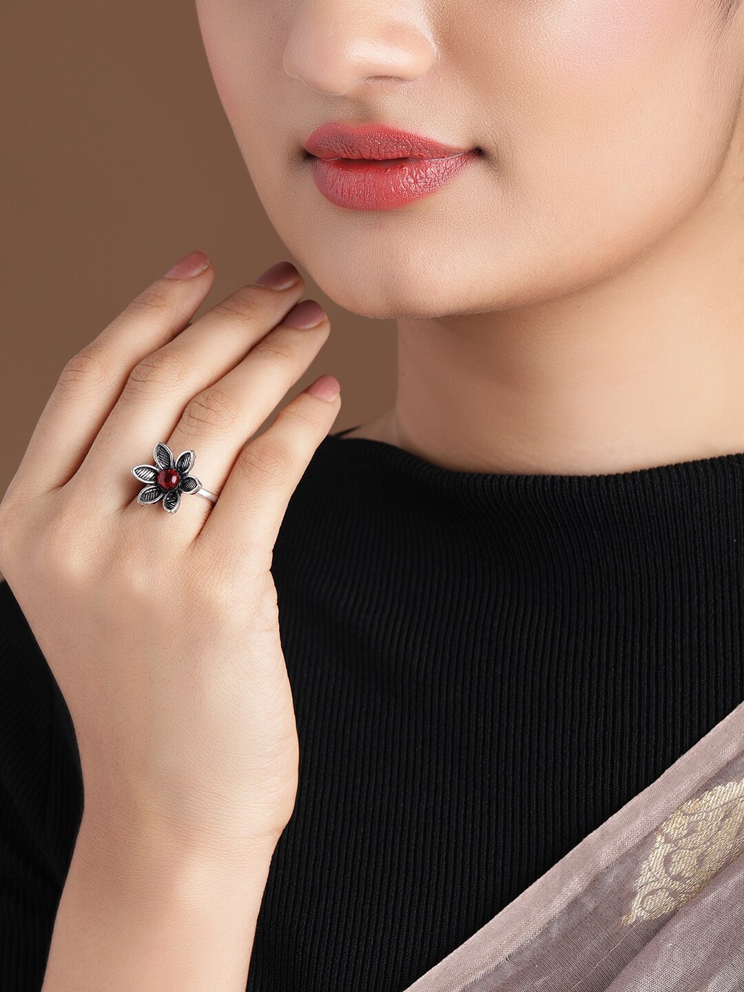 

Rubans Oxidised Silver-Plated Red Stone-Studded Handcrafted Adjustable Finger Ring