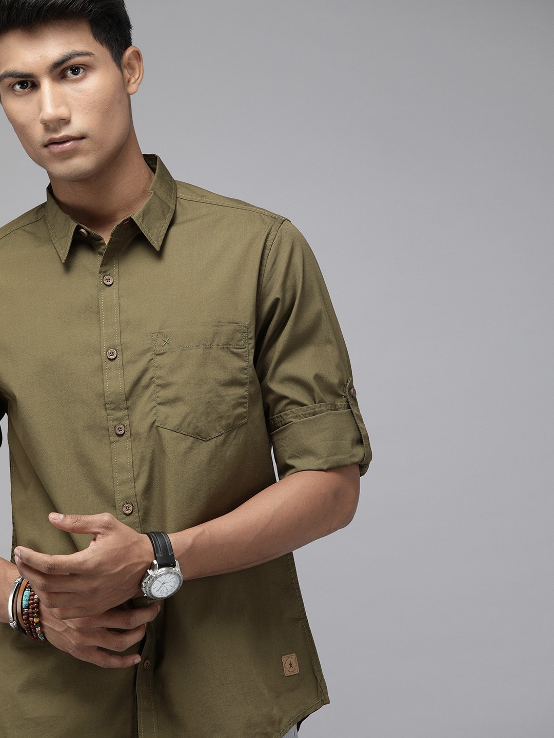 

Roadster Men Olive Green Regular Fit Solid Sustainable Casual Shirt