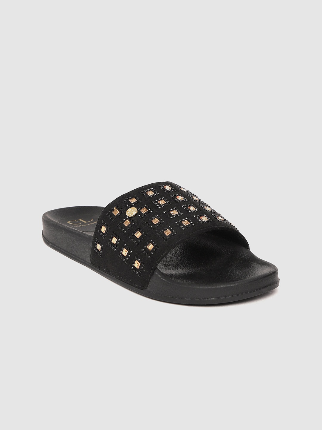 

Carlton London Women Black & Gold-Toned Embellished Open Toe Flats