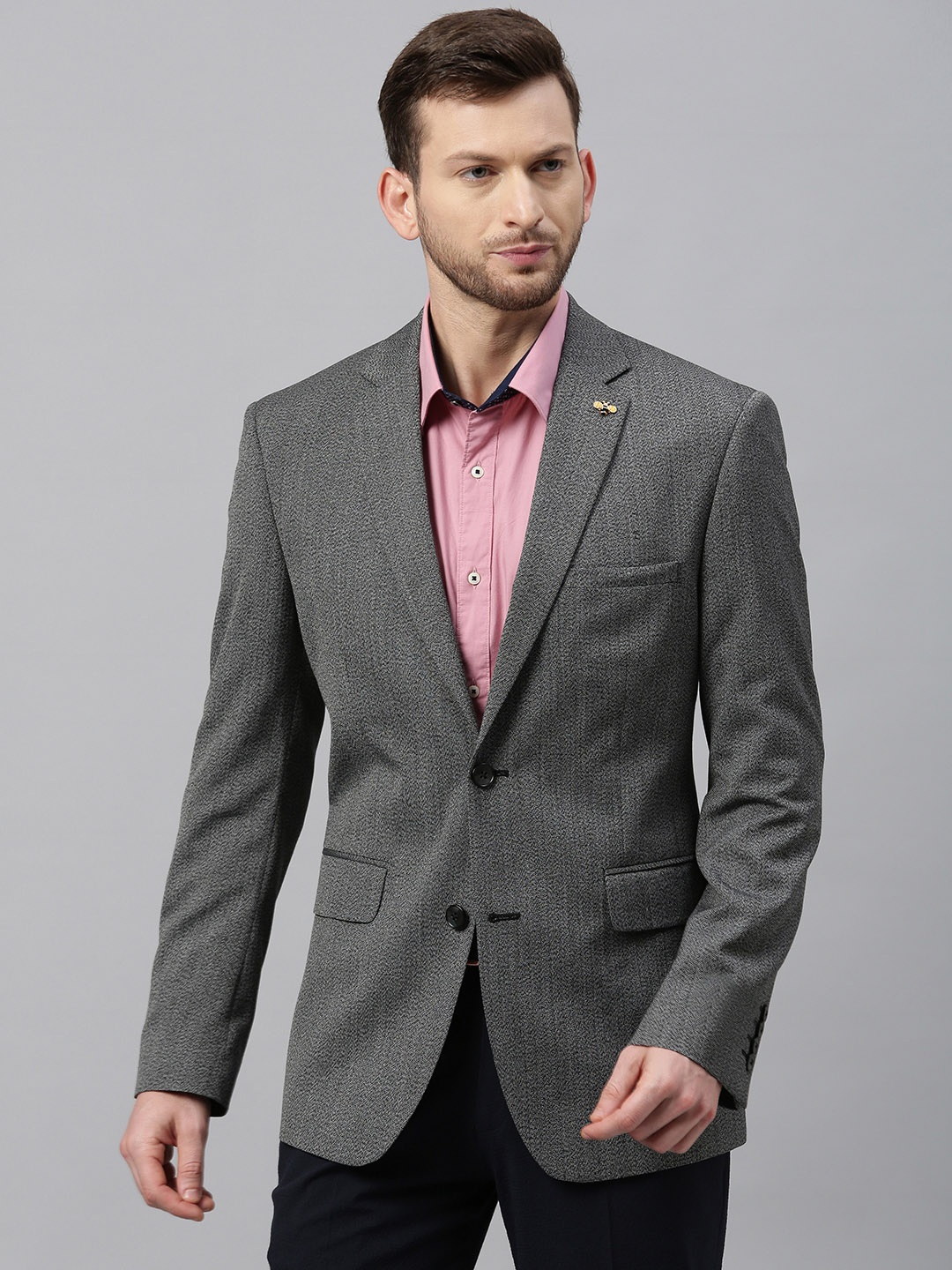 

Theme Men Charcoal Grey Self-Design Slim Fit Single-Breasted Formal Blazer